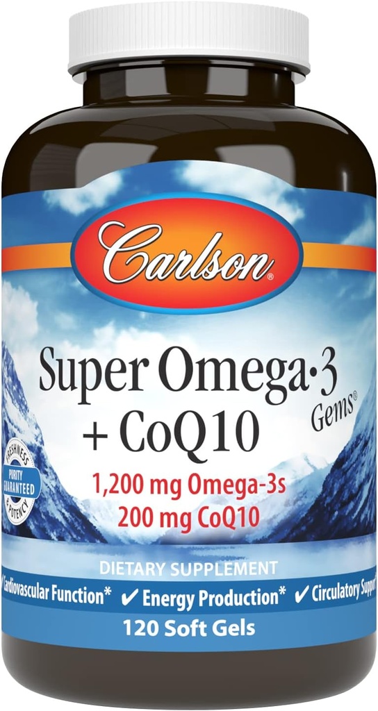 Carlson - Super Omega-3 Gems + CoQ10, 1200 mg Omega- 3s 200 mg CoQ10, cirkulationsfunktion, Energy Production & Circulatory Support, 120 Softgels