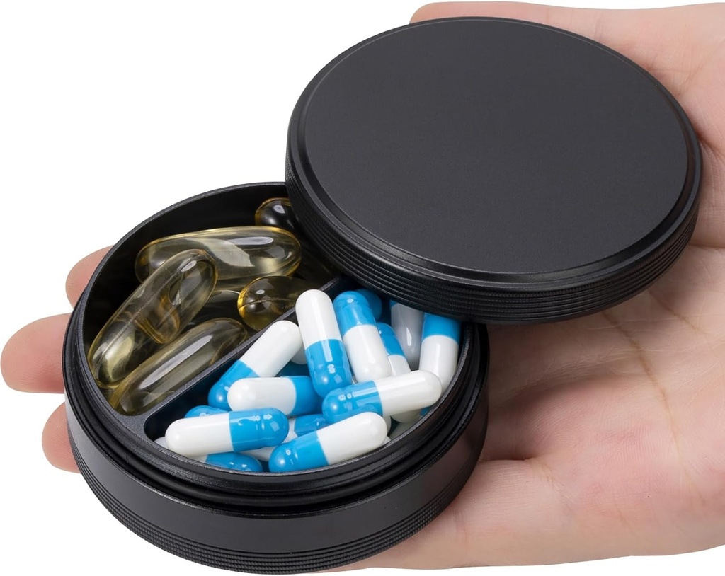 Pill Box 2 Segment Pill Case - Portable Metal Travel Pill Container til Pocket eller Purse, Vandtæt Pill Organizer Holder for Medicin Vitamin Fish Oil og kosttilskud