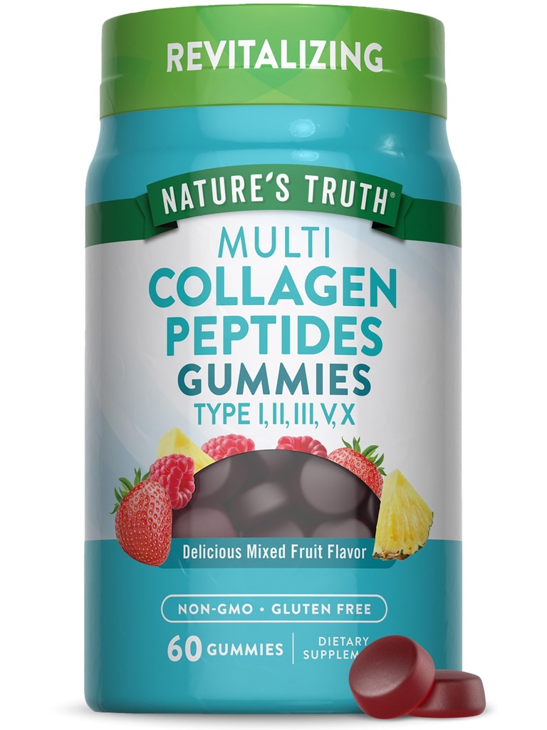Nature 's Truth Multi Collagen Gummees Shuttle 124; Type I, II, III, V, X Shuttle 124; 60 Count Shuttle 124; Non- GMO & Gluten Free Complex Supplement Shuttle 124; blandet frugt flavor
