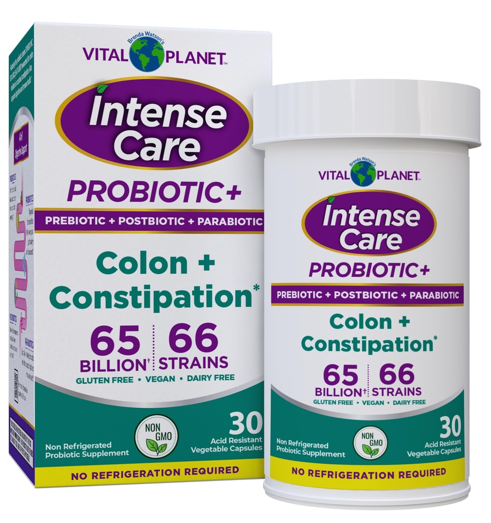 Vital Planet - Intense Care Colon & Constipation Probiotika Plus Organic Prebiotics, Postbiotika, Parabiotika, Komplet 4-in-1 Helbredskort til voksne, 65 Millioner CFU, 66 Sprains, 30 ct