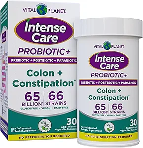Vital Planet - Intense Care Colon & Constipation Probiotika Plus Organic Prebiotics, Postbiotika, Parabiotika, Komplet 4-in-1 Helbredskort til voksne, 65 Millioner CFU, 66 Sprains, 30 ct