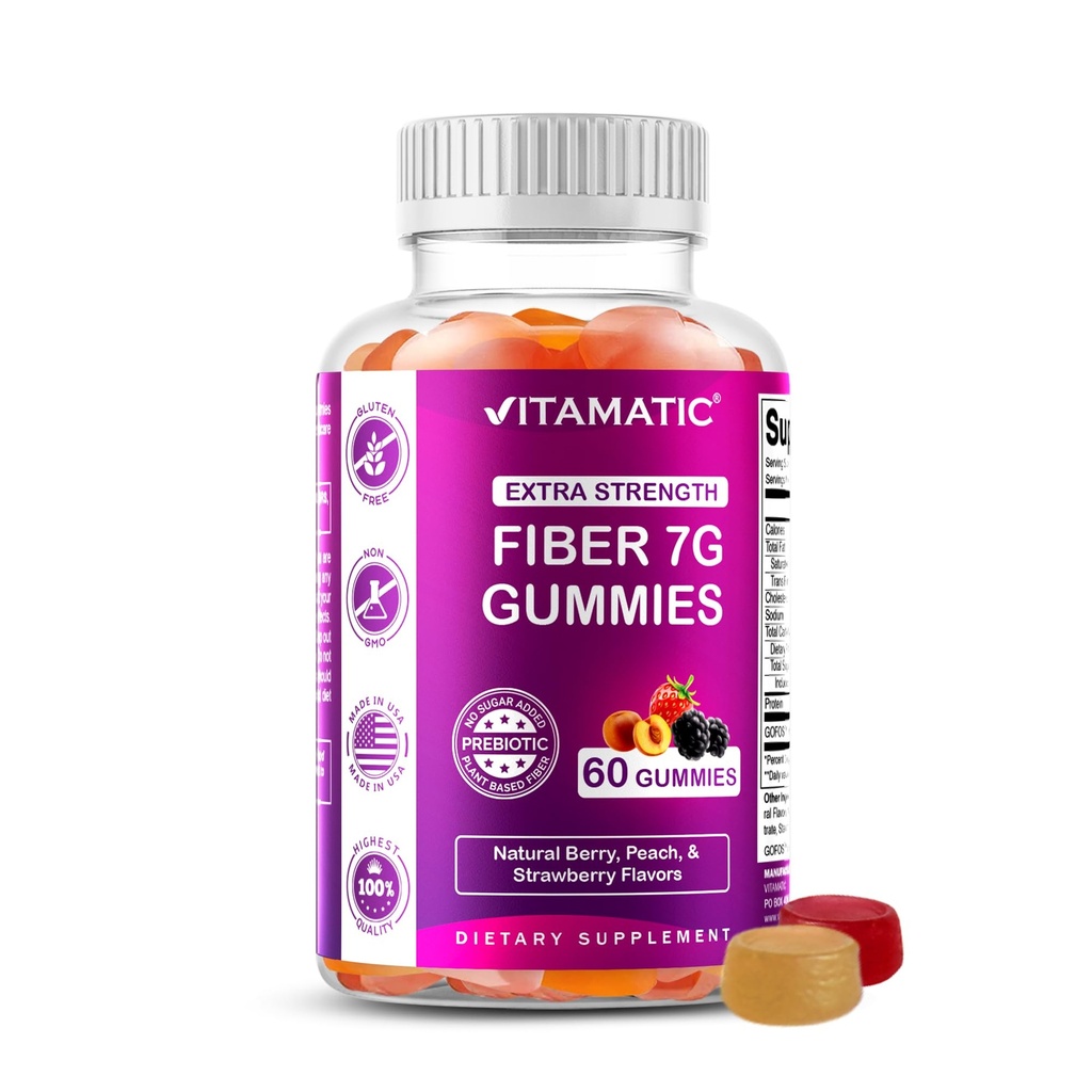 Vitamatisk Prebiotic Fiber Gummies for voksne - 7g Fiber per servering - 60 Pectin- baserede Gummies Ekstra Styrke, Zero Sugar Tilded - Understøtter fordøjelsesmæssig sundhed & regelmæssighed - Non-GMO, Vegan, Gluten- Free