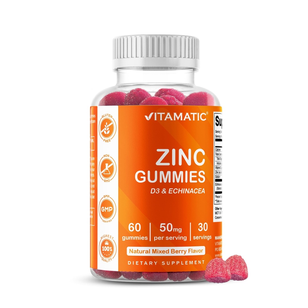 Vitamatisk zink 50mg Gummies - 60 Vegansk Gummies Gluten Free - Sund immunforsvar for voksne, mænd og kvinder