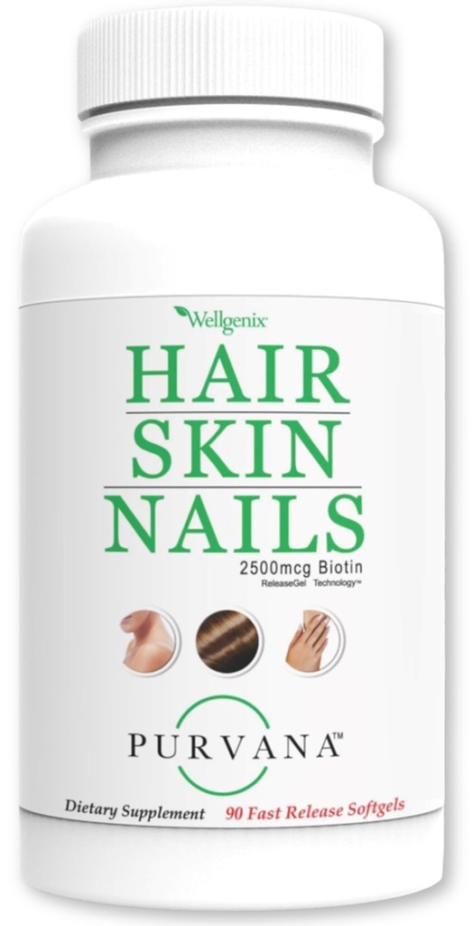 Wellgenix Purvana Hår, Hud og Nails - En om dagen Softgel - 2500mcg Biotin, DMAE, MSM, Horsetail, Grape Seed Extract - Anti Aging, PCOS & Postpartum hårvækst, Stærke Nails (90 Greve)