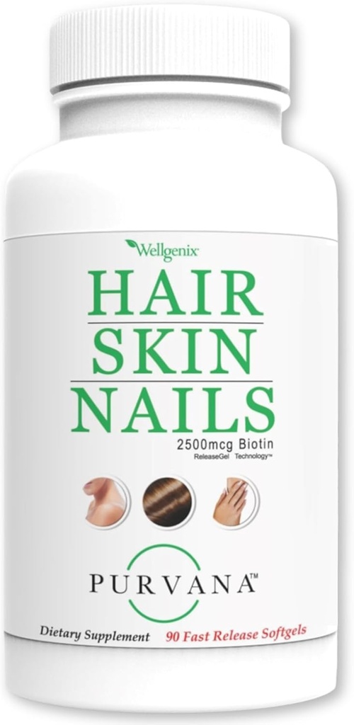 Wellgenix Purvana Hår, Hud og Nails - En om dagen Softgel - 2500mcg Biotin, DMAE, MSM, Horsetail, Grape Seed Extract - Anti Aging, PCOS & Postpartum hårvækst, Stærke Nails (90 Greve)