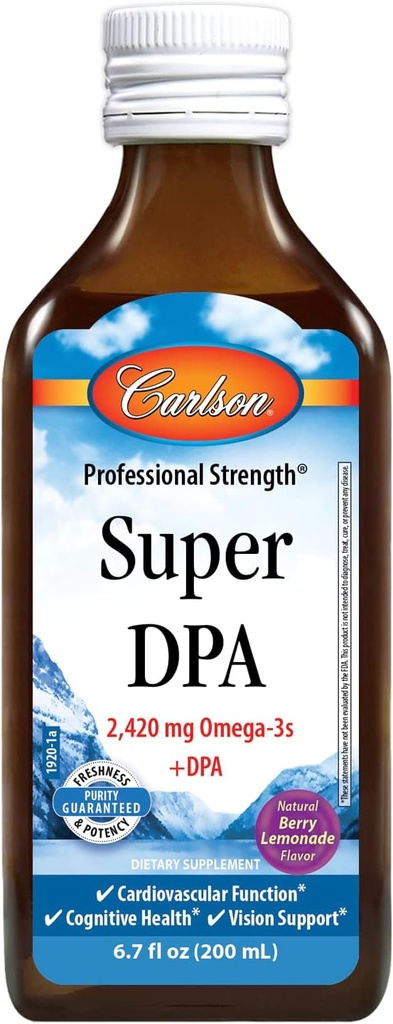 Carlson - Super DPA, 2,420 mg Omega- 3s, 300 mg DPA, Heart Health, Cognitive Function, Berry Lemonade, 200 ml (6,7 fl oz)