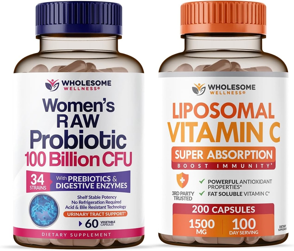 Grossome Wellness Probiotika til kvinder 100 Millioner CFU 'er med Prebiotika, fordøjelsesenzymer + Liposomal Vitamin C kapsler Høj Absorption, Ascorbic Acid Supplement Bundle