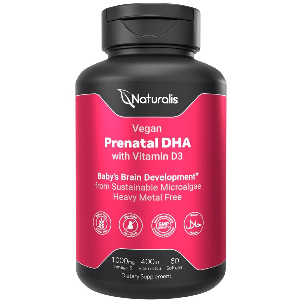 Naturalis Vegan Prenatal med fuld Specrum Omega-3 Myint 124; Algae DHA, EPA, DPA, Vitamin D3 & Active Folate L 5-MTHF - 124; Vegan Society Certified, Sustainable Sourced, Non- GMO & Soy Free