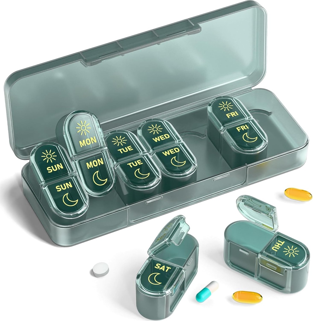 Du kan få mere at vide 7 dage, Meicine Pill Organinzer, Pill Box 7 dag, Weekly Pill Organizer til rejser, Vitamin, Fish Oliils, Kosttilskud