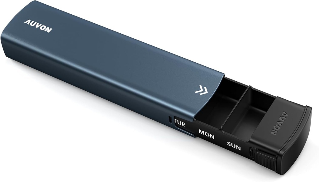 AUVON Metal Weekly Pill Organizer med Slide Design, Stilfuld Travel Pill Box 7 Dag for beskyttelse af privatlivets fred, Aluminium Alloy Pill sag med stort udvalg for kosttilskud, Fish Oil (Dark Blue)
