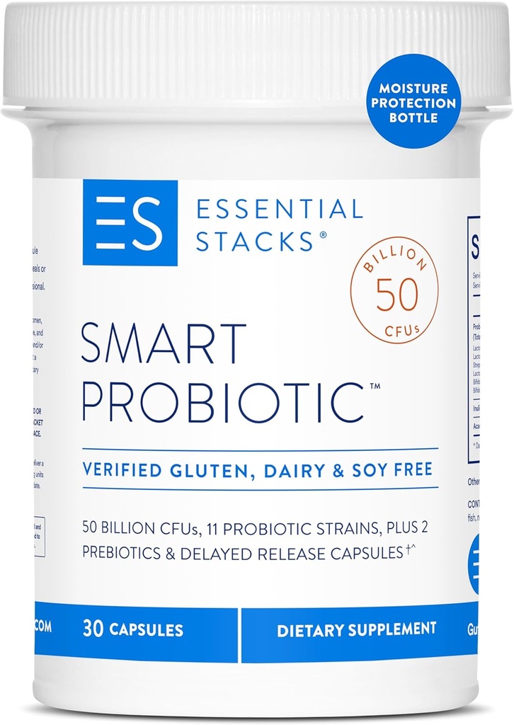 Væsentlige stakke Smart Probiotic - 50 milliarder CFU 'er, 11 Probiotiske Strops, 2 Prebiotika, Forsinkede Udgivelseskapsler - En daglig Probiotisk Prebiotic For Kvinder & Mænd (30 Kapsler)