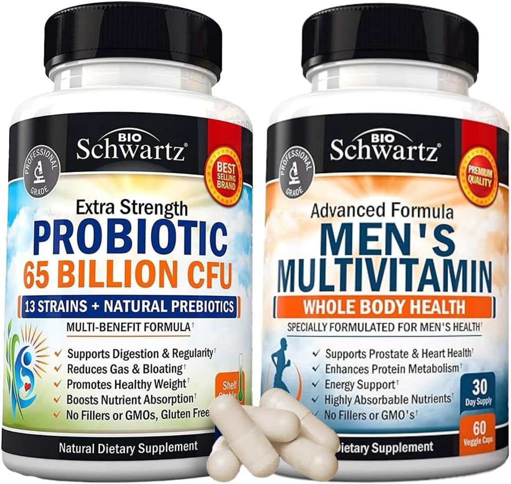 Advanced Daily Men 's Multivitamin med vitamin C A B D3 E og zink (1 måned Tilgang) Plus 65 milliarder CFU Daily Probiotic Supplement (1 måned Tilgang)
