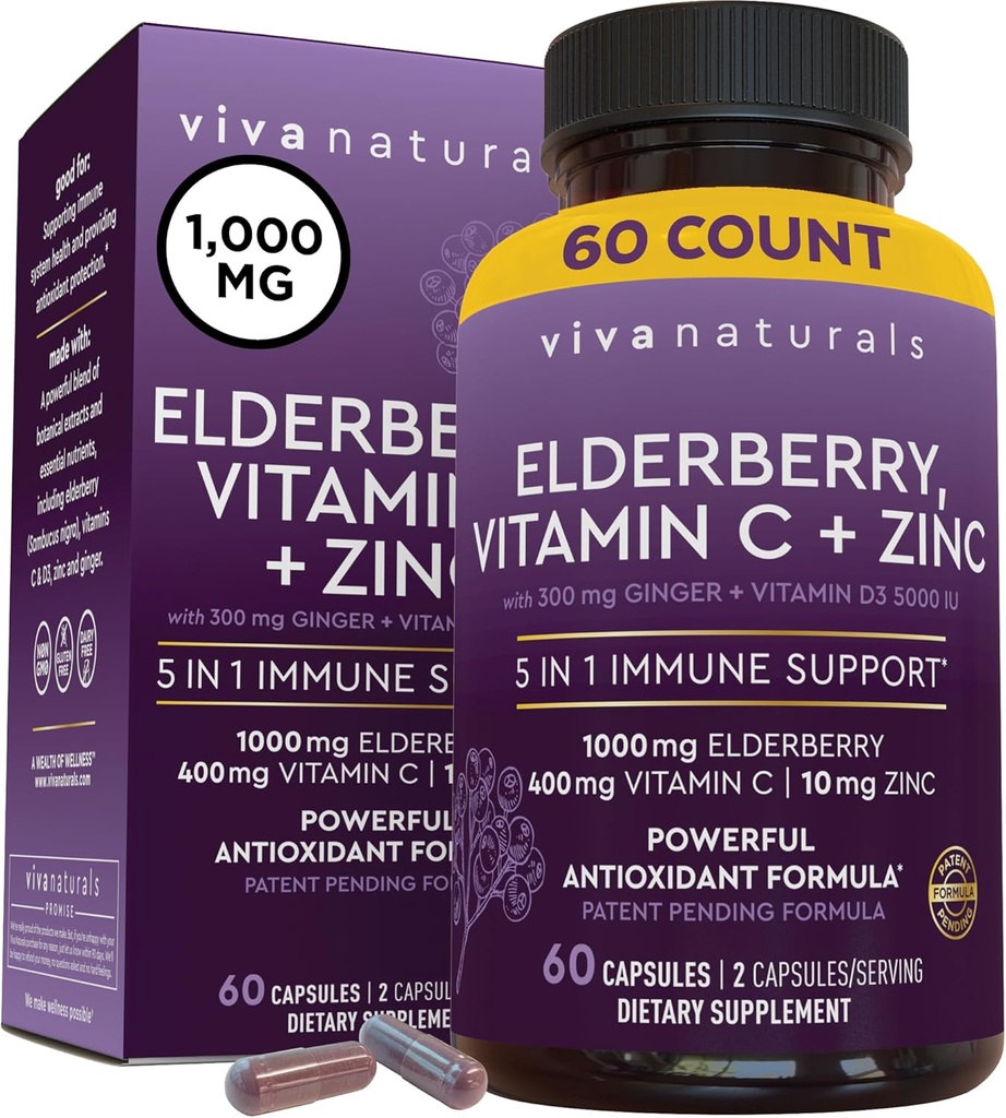Viva Naturals Black Elderberry med C-vitamin og zink til voksne (60 Greve) - Sambucus Elderberry immunforsvar supplement, Black Elderberry kapsler til voksne, Elderberry Kosttilskud til kvinder