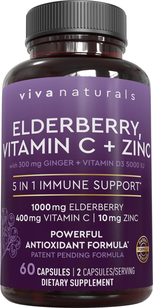 Viva Naturals Black Elderberry med C-vitamin og zink til voksne (60 Greve) - Sambucus Elderberry immunforsvar supplement, Black Elderberry kapsler til voksne, Elderberry Kosttilskud til kvinder