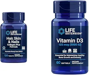 Life Extension Hår, Hud & Nails Collagen Plus Formel med vitamin D3 5000 IE - fremmer Collagen, Keratin, Ben, Brain, Immunum & Nail Sundhed - 120 Greve & 60 Softgels