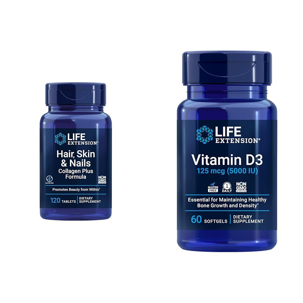 Life Extension Hår, Hud & Nails Collagen Plus Formel med vitamin D3 5000 IE - fremmer Collagen, Keratin, Ben, Brain, Immunum & Nail Sundhed - 120 Greve & 60 Softgels