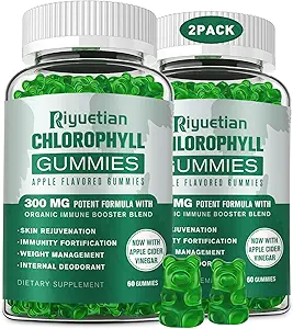 Sugar Free Chlorophyll Gummies - med ufiltreret ACV & C-vitamin B12 - Energi Boost, Immun & fordøjelsesstøtte, naturlig deodorant, hudpleje - Vegan, non-GMO - 120 Gummies