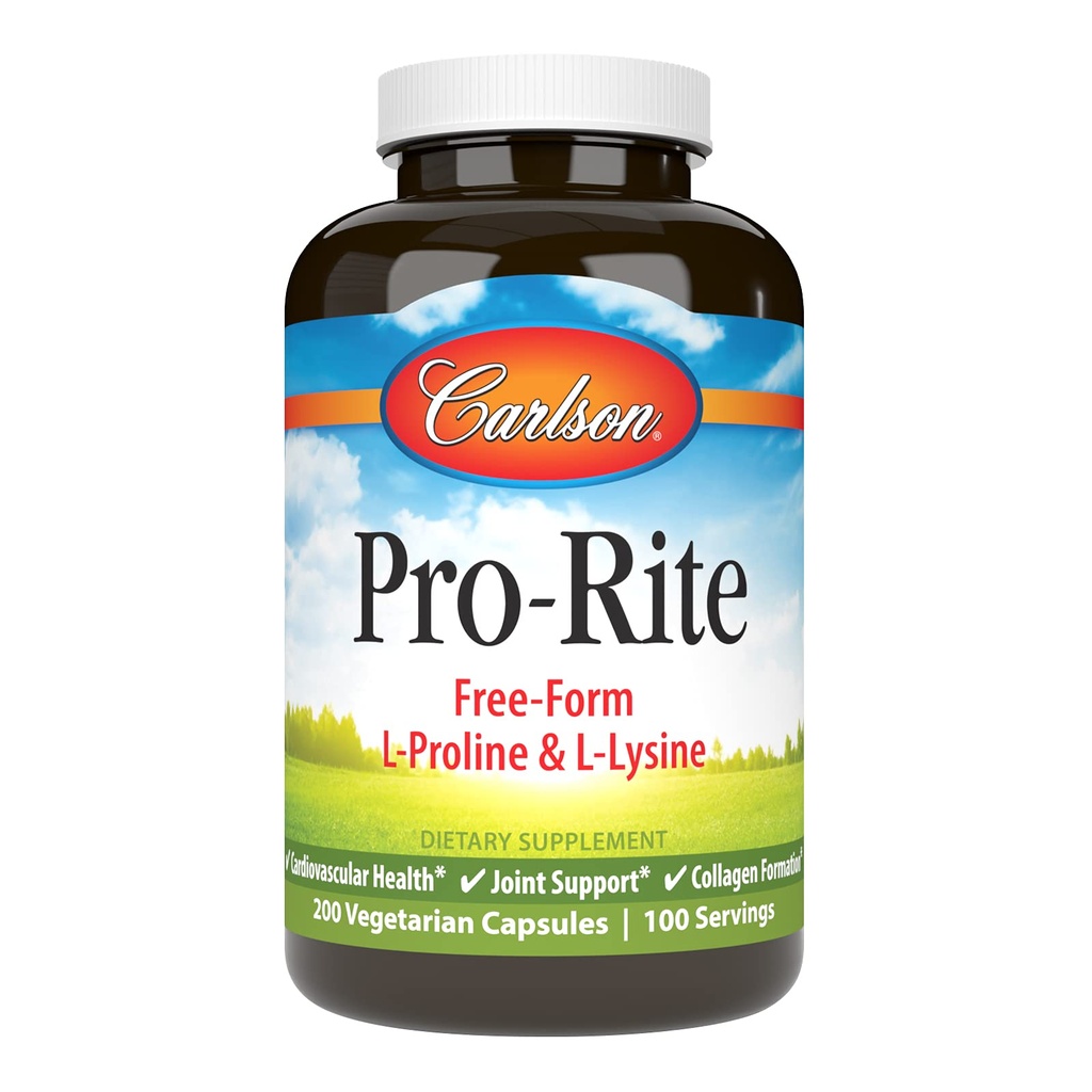 Carlson - Pro- Rite, Free- Form L- Proline & L- Lysin, Health, Joint Support & Collagen Dannelse, 200 Kapsler