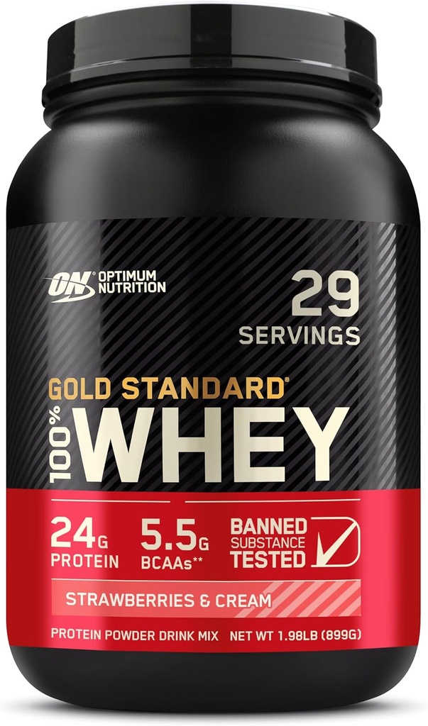 Optimum Nutrition Gold Standard 100% Whey Protein Powder, Jordbær & Cream, 2 Pund (Packaging May Vary)