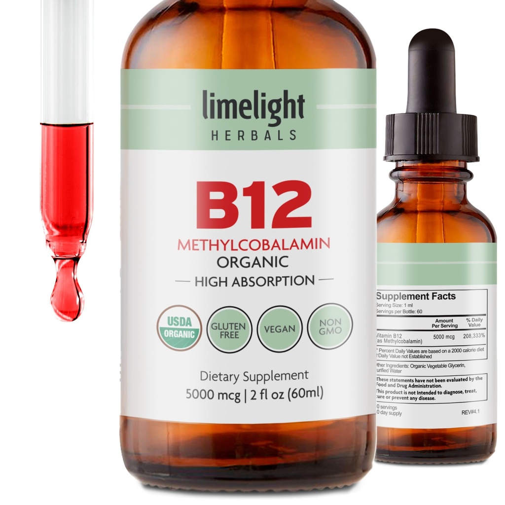 USDA Organic Vitamin B12 Liquid Drops - 5000 mcg methylcobalamin - Sublingual, Fast- Absorbing Vegan Supplement - Energi, Metabolisme, Brain, Heart & immunforsvar - Alkohol- Gratis, 60 Servering, USA Made