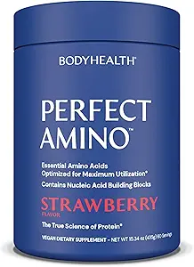 BodyHealth PerfectAmino Powder - BCAA og EAA Powder til Pre and Post Workout - Amino Acid Energy Drikke for mænd og kvinder til at støtte Lean muskel og inddrivelse - Jordbær - 120 Servering