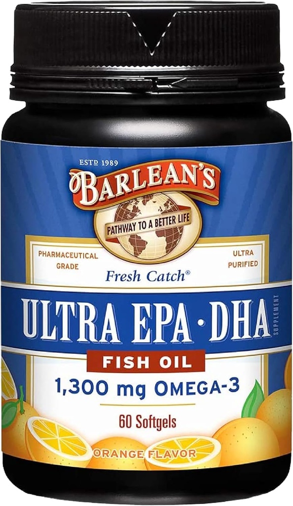 Barlean 's Omega 3 Fish Oil Supplements, Supplement Softgels for Mænd og Kvinder, 1300 mg Ultra EPA og DHA Fedtsyrer, Orange Flavored, 60 Greve