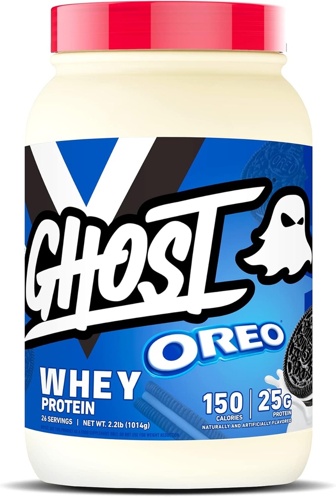 GHOST Whey Protein Powder, Oreo - 2LB, 25G Protein - Whey Protein Blend - Post Træning Fitness & Nutrition Shakes, Smoothies, Bagning & Madlavning - Cookie stykker indeni