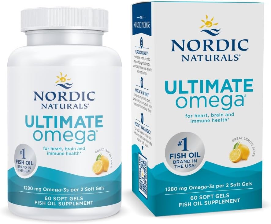 Nordic Naturals Ultimate Omega, Lemon Flavor - 60 Soft Gels - 1280 mg Omega-3 - Højpotens Fish Oil tillæg med EPA & DHA - fremmer hjerne & hjerte sundhed - non-GMO - 30 Serveringer