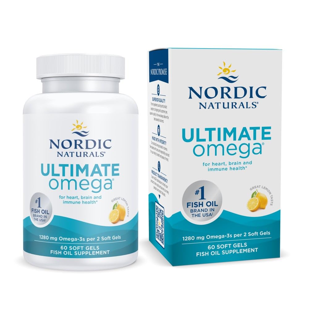 Nordic Naturals Ultimate Omega, Lemon Flavor - 60 Soft Gels - 1280 mg Omega-3 - Højpotens Fish Oil tillæg med EPA & DHA - fremmer hjerne & hjerte sundhed - non-GMO - 30 Serveringer