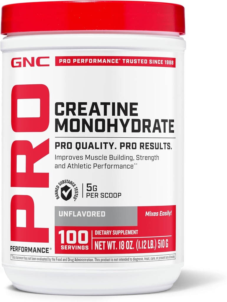 GNC Pro Performance Creatin Monohydrat Pulver til kvinder & mænd, 5g Creatin Per Serving, Muscle Building, Energiproduktion, Endurance, Performance, 100 Servering