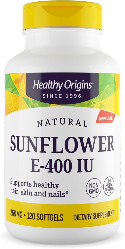 Sunde origin Sunflower Vitamin E- 400 IE (ikke- GMO, gluten fri, soja fri, hårstøtte, neglestøtte, hudstøtte, cardiovaskulær support), 120 Softgels