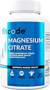 Fitcode Magnesium Citrat Capsules 400mg - Muskel og Knoglehelbred Magnesium supplement med Pure Magnesium Citrate for Muskelrelaxation & Knoglestyrke - 60 Veggie Magnesium Capsules for Heart Health