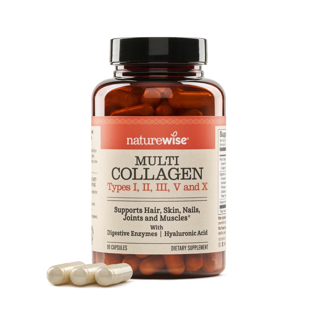 NatureWise Multi Collagen Peptides Pills for Women & Men - Type I, II, III, V, X w / Hyaluronsyre - Understøtter hud, hår, fælles sundhed * - Græs Fed, Gluten fri, ikke-GMO - 90 kapsler [30 dages forsyning]