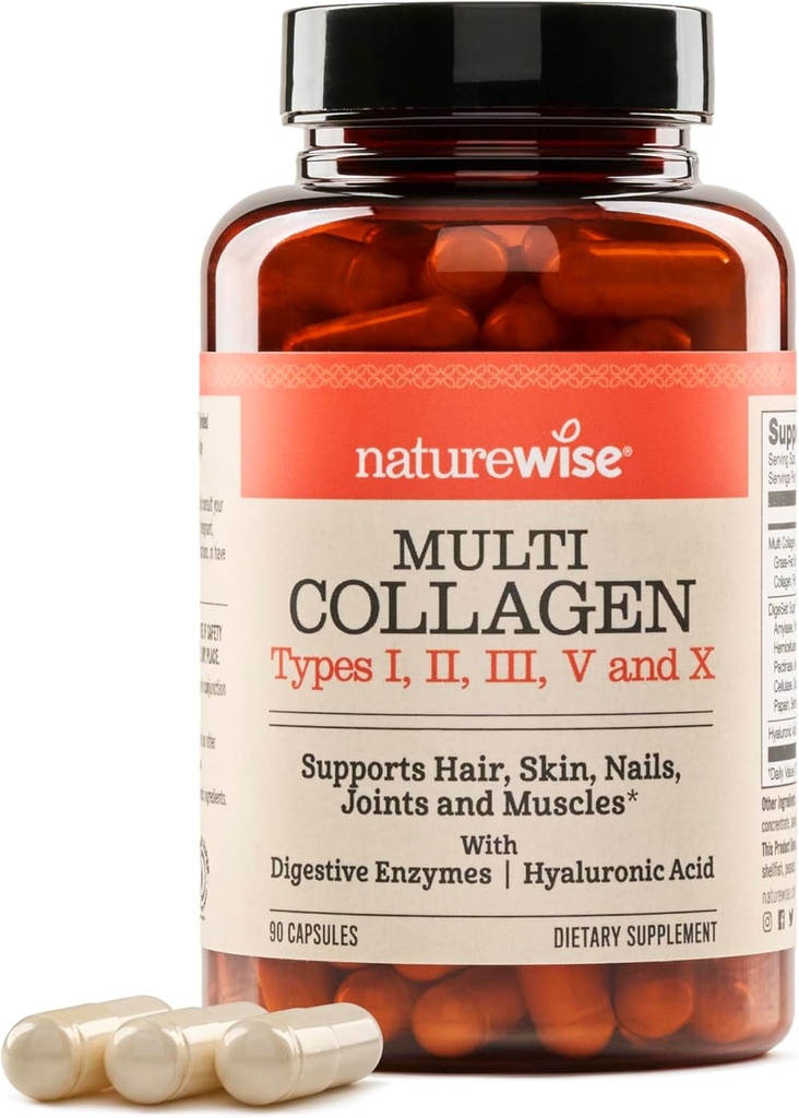 NatureWise Multi Collagen Peptides Pills for Women & Men - Type I, II, III, V, X w / Hyaluronsyre - Understøtter hud, hår, fælles sundhed * - Græs Fed, Gluten fri, ikke-GMO - 90 kapsler [30 dages forsyning]
