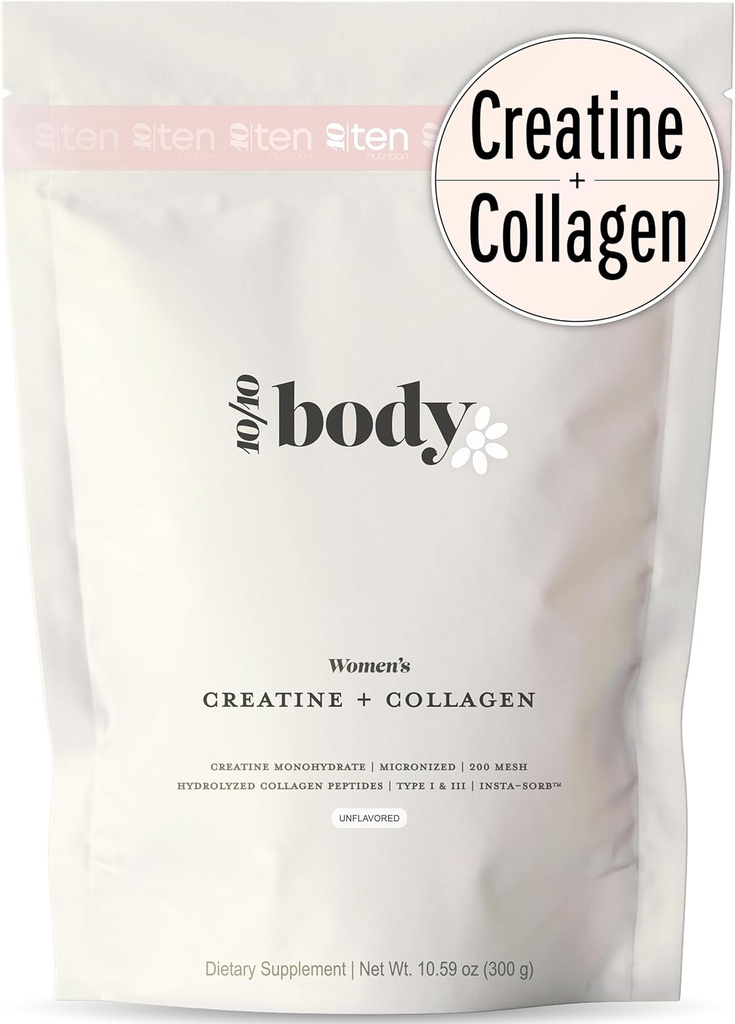 Ny - Creatin + Collagen for kvinder - Understøtter Lean Muscle Growth & Development, Booty Gain, Energy & Recovery - 5g Creatin monohydrat Plus 5000mg Collagen Peptider Combo - Unflavored, 30 Servering