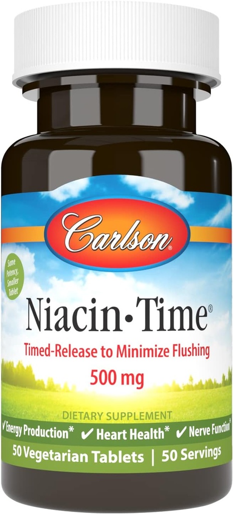 Carlson - Niacin- Time, Time- Release, 500 mg, B3- vitamin, Cholesterol Metabolisme, Energiproduktion, Heart Health, 50 tabletter