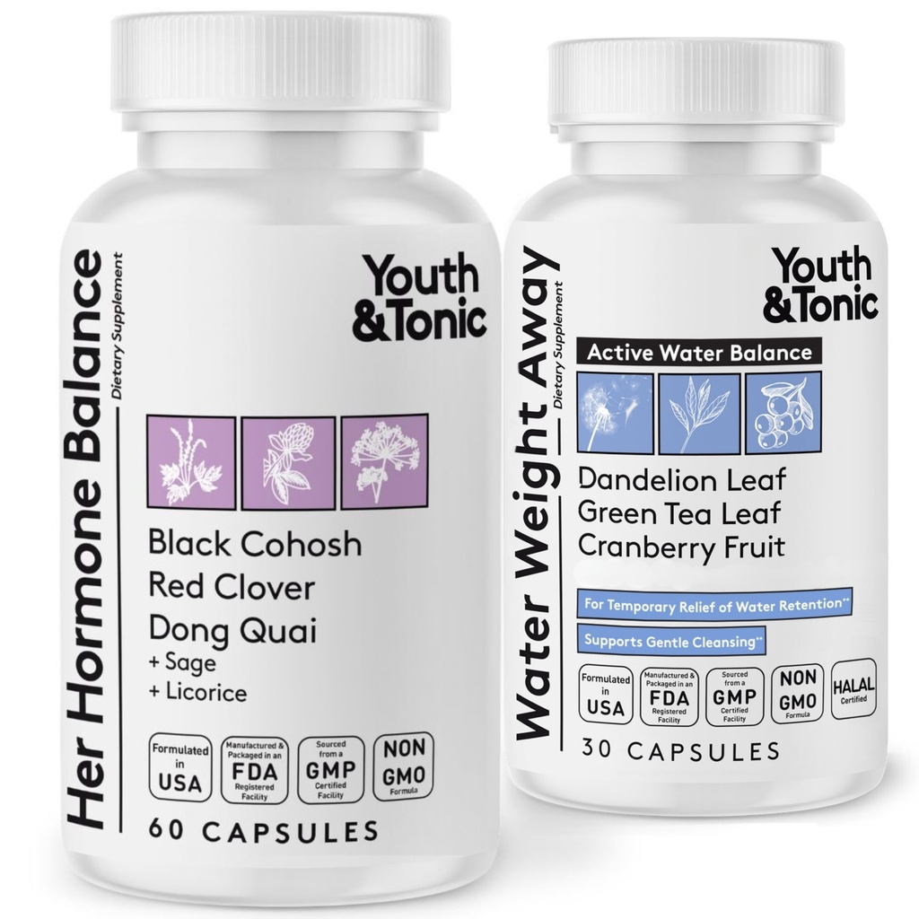 Youth & Tonic PMS & Menopause Bloating Relief Duo - Støtte til Puffiness, Hormonal Balance & Fluid Tilbageholdelse - Hendes Hormonbalance + vand vægt væk naturlige urter til kvinder, 90 Kapsler