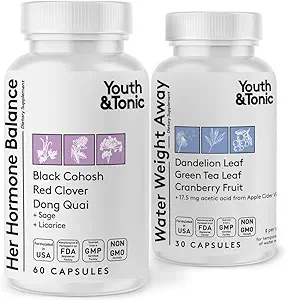 Youth & Tonic PMS & Menopause Bloating Relief Duo - Støtte til Puffiness, Hormonal Balance & Fluid Tilbageholdelse - Hendes Hormonbalance + vand vægt væk naturlige urter til kvinder, 90 Kapsler