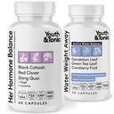 Youth & Tonic PMS & Menopause Bloating Relief Duo - Støtte til Puffiness, Hormonal Balance & Fluid Tilbageholdelse - Hendes Hormonbalance + vand vægt væk naturlige urter til kvinder, 90 Kapsler