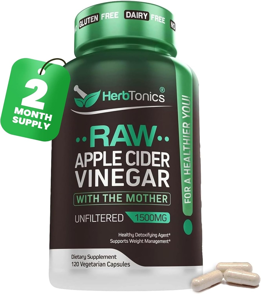 Herbtonics Raw Apple Cider Vincious Capsules 1500mg with Mother Note 124; Weight Management, Detox & Distination Formel med GLP-1 Support Note 124; Ufiltreret ACV for Metabolic Support