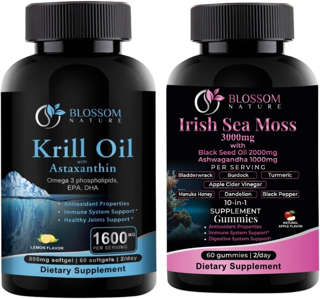 Antarktis Krill Oil 1600mg med Astaxanthin 2mg og Irish Sea Moss Gummies 3000mg med Black Seed Oil og Ashwagandha 2000mg