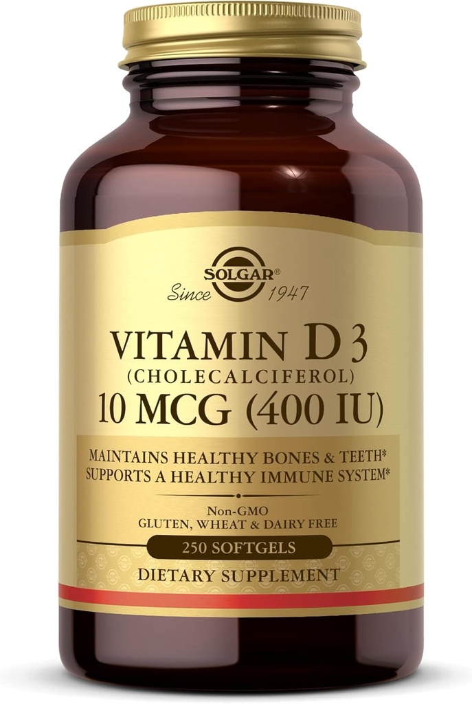 Solgar D3-vitamin (Cholecalciferol) 10 MCG (400 IE), 250 Softgels - Hjælper med at bevare sunde knogler og tænder - immunsystemet support - non-GMO, Gluten Free, Dairy Free - 250 Servere