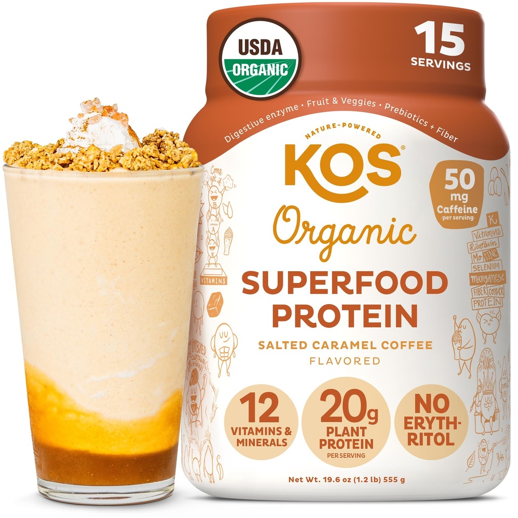 KOS Vegan Protein Powder, Saltet Karamel kaffe - Lav Carb Pea Protein Blend, Organic Plant Superfood Rich in Vitaminer & Minerals - Keto, Dairy Free - Måltidserstatning for kvinder & mænd - 15 Servering