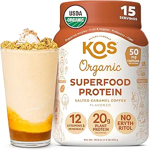 KOS Vegan Protein Powder, Salted Caramel Coffee - Low Carb Pea Protein Blend, Organic Plant Superfood Rich in Vitamins & Minerals - Keto, Dairy Free - Meal Replacement for Women & Men - 15 Servings