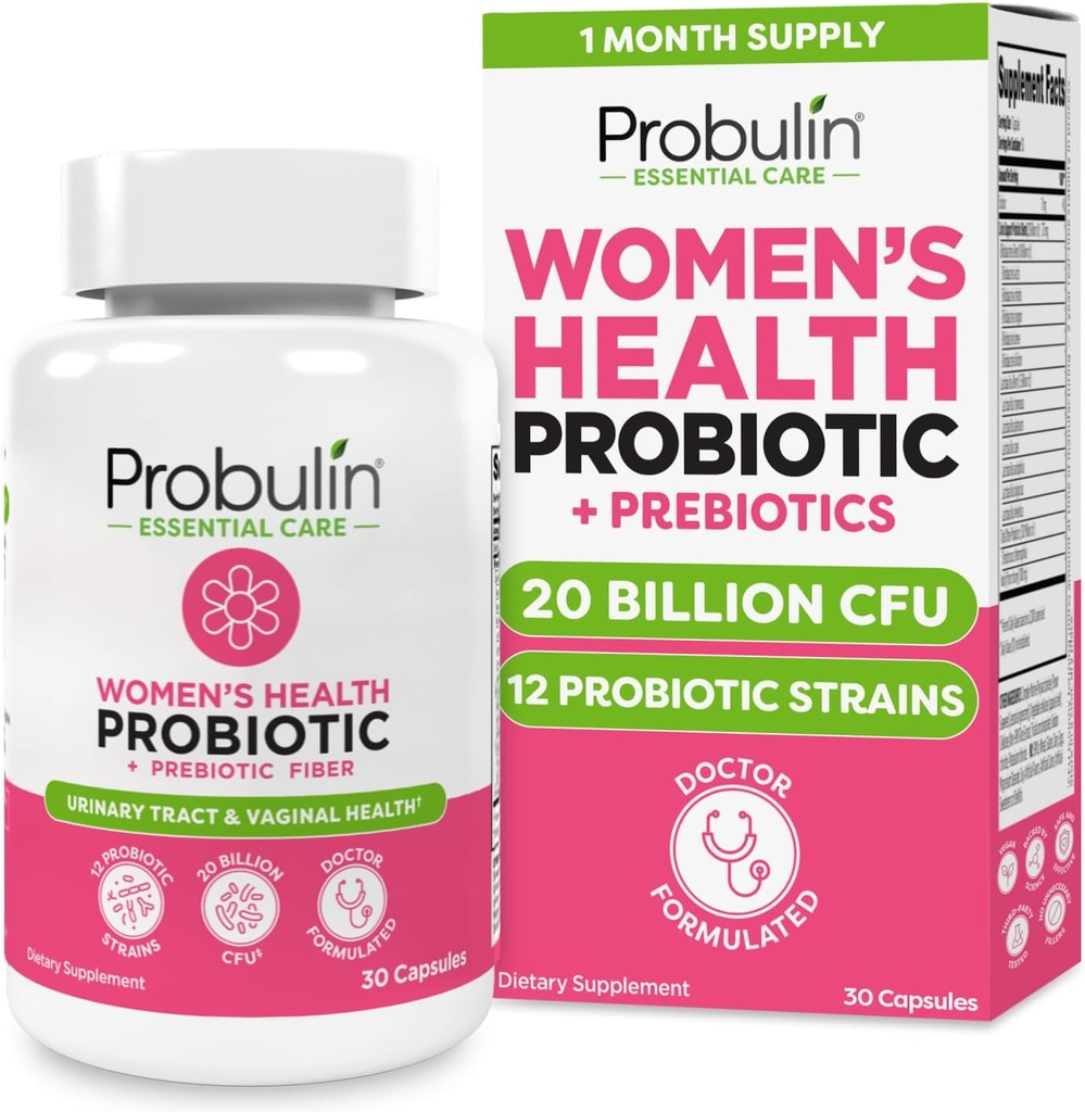 Probulin Kvinder Probiotiske - Vaginal, UT, Gut & immunforsvar med Lactobacillus Reuteri - 20 Millioner CFU, 12 Probiotiske Strops & Prebiotika - 30 Vegan, Gluten Free Capsules for Whole- Body Wellness