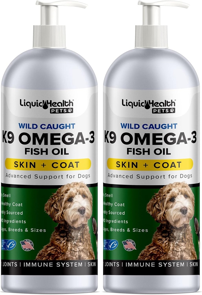 Liquid Health Pets K9 Omega 3 Fish Oil for Dogs - Liquid Omega 3 Supplement for Pets with EPA + DPA + DHA - Reduce Itching & Shedding, Support Joints, Immunity, Brain, Heart Health - USA Made (2 Pack)