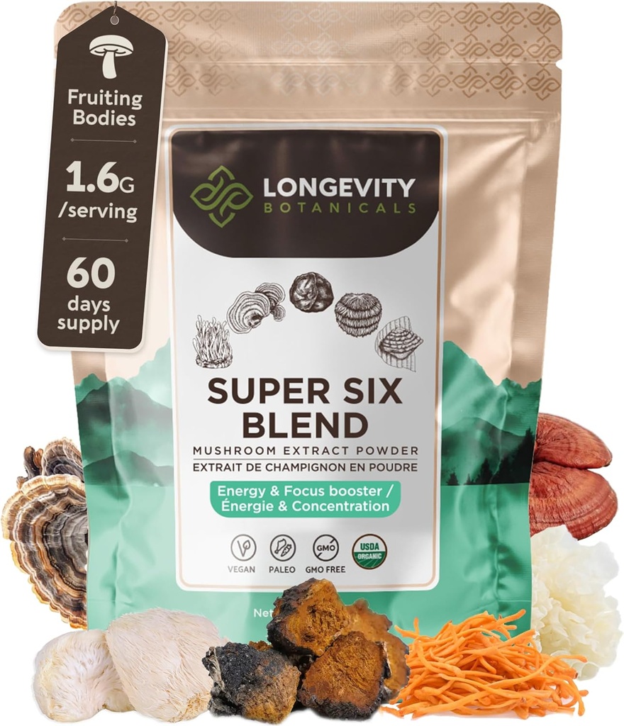 Longevity Botanicals Super Six Organic Mushroom Blend 100g | Reishi, Lion’s Mane, Chaga, Cordyceps, Tremella & Turkey Tail | Extract Powder Mix | 10:1 Ratio | 100% Fruiting Bodies | Mushroom Complex