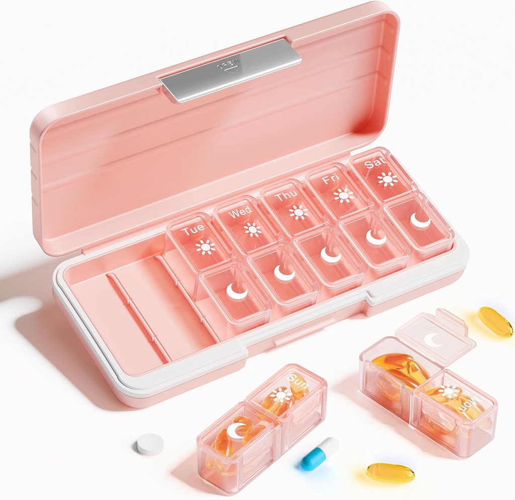 Betife AM PM Pill Organizer 2 gange om dagen, 7 dages pill box Ugentlig pill Organizer Rejser med Separat Container, Bærbar Daglig Medicin Planner Dispenser sag for Vitamin, Fiskeolier, Kosttilskud