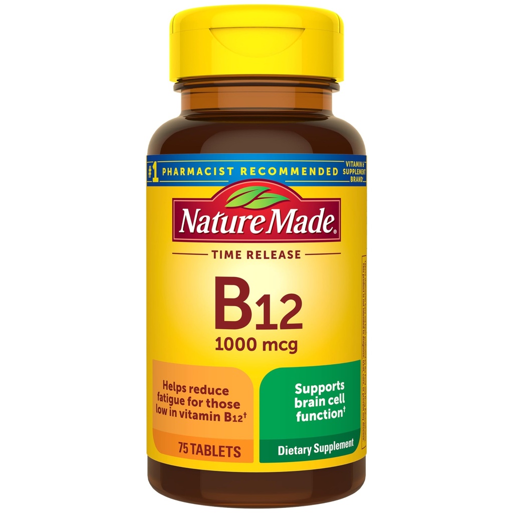 Nature Made Vitamin B12 1000 mcg, Kosttilskud til energistofskiftestøtte, 75 tidsudgivelsestabletter, 75 dages forsyning