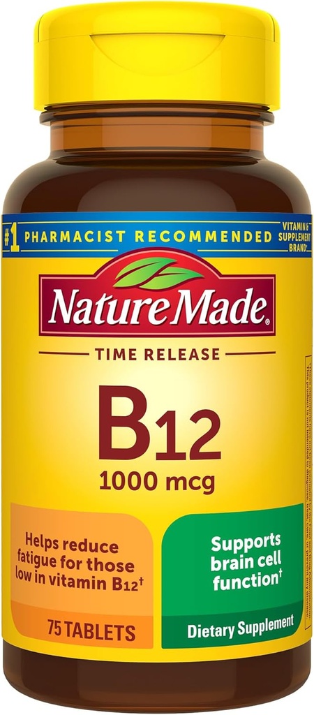 Nature Made Vitamin B12 1000 mcg, Kosttilskud til energistofskiftestøtte, 75 tidsudgivelsestabletter, 75 dages forsyning